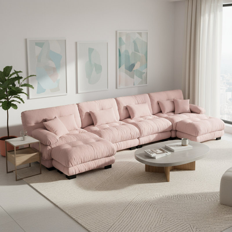 Chenille Pink U-shaped Modular Sofa 4-seater Cloud Feeling Comfortable With 2 Footstools Suitable For Living Room