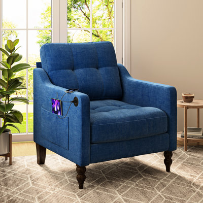 Fauteuil simple moelleux et confortable, base en bois massif, rangement latéral pour un usage quotidien, rembourrage multicouche, pieds ergonomiques pour un confort optimal dans votre salon.