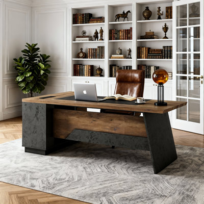 Bureau de direction en L de 78,74 po avec prise de courant, ports USB et de type C, bureau d'ordinateur de bureau à domicile avec tiroirs, armoire et rangement ouvert, finition bois et noir