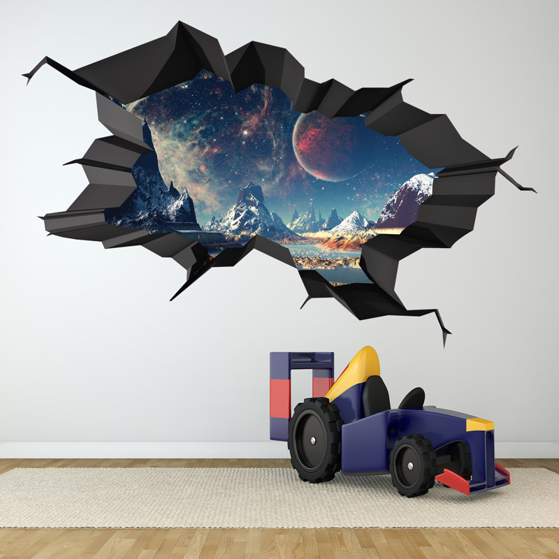 Décalcomanie murale Terre et Lune, décalque espace, art mural galaxie, décoration d'espace, autocollants muraux 3D, murale en vinyle (moyen 36 po x 22 po)