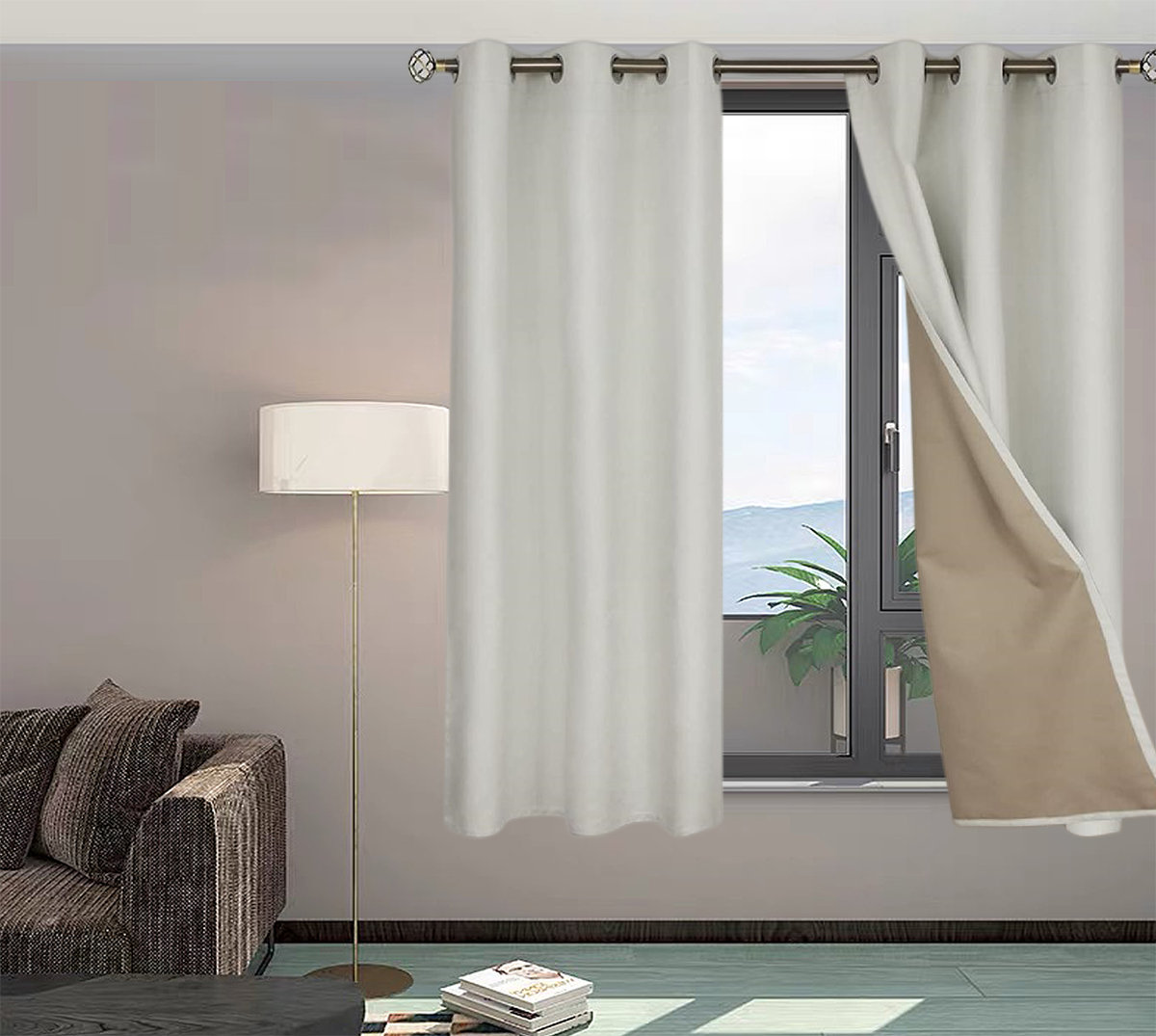 Paire De Rideaux Occultants Doubles En Satin De Coton Beige - Fait Main