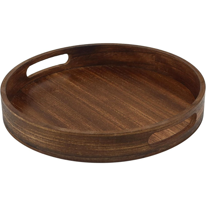 Round Wooden Decorative Tray With Handles, Vintage Serving Tray For Coffee Table, Kitchen, And Home Decor