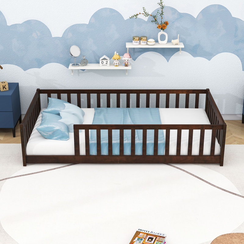 Twin Wooden Floor Bed With Guardrails And Slats, Espresso