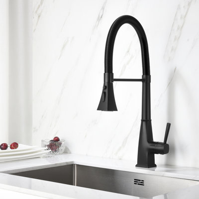 Robinet de cuisine en acier inoxydable avec douchette rétractable, noir mat, bec rotatif à 360 °, deux réglages de débit d'eau, contrôle de la température et du débit en acier simple, bec rotatif,