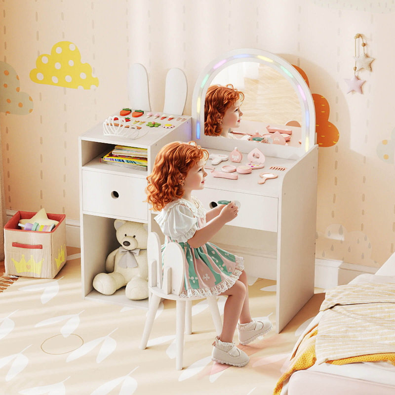 Table de maquillage avec miroir lumineux, tablettes ouvertes et tiroirs de rangement Princess, White