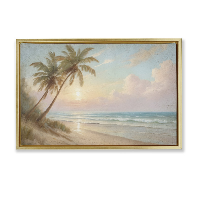 «Sunset View Beach Palms Floater», art mural par Kim Allen, H 21 po x l 31 po, Cadre flottant métallique doré