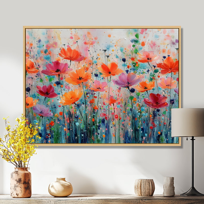 «Vibrant Meadows On Summer Daisies», impression sur toile florale orange, marguerites, H 34 po x l 44 po, Cadre flottant