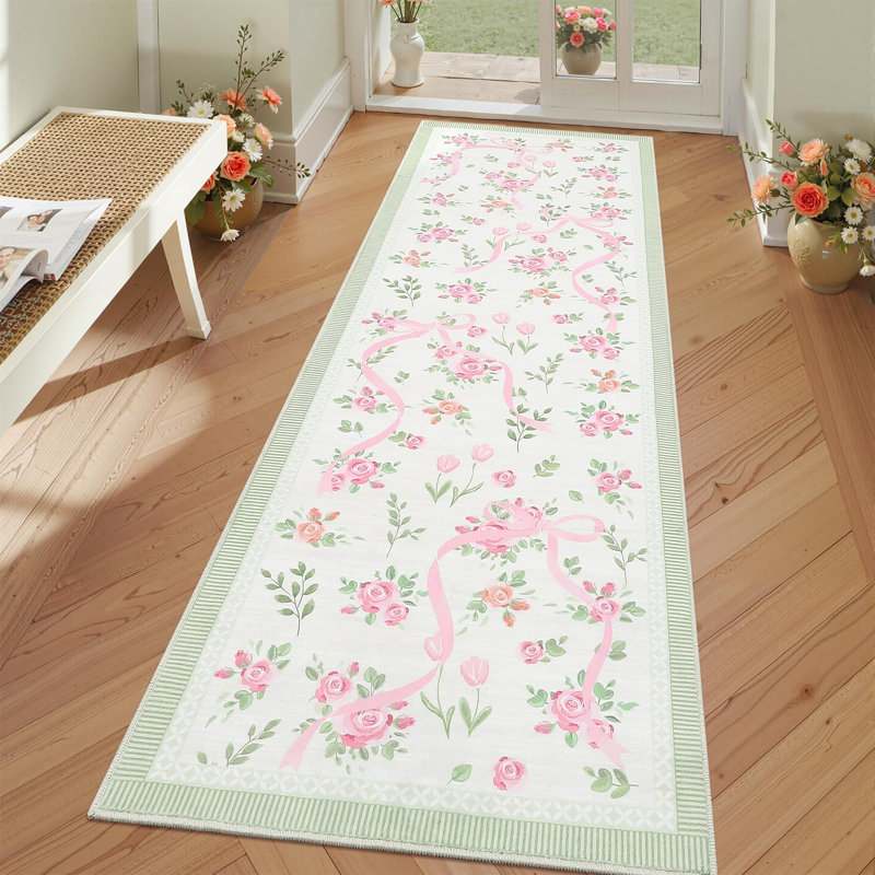 Tapis décoratif lavable, Tapis de couloir 2 pi x 6 pi, Green/Pink