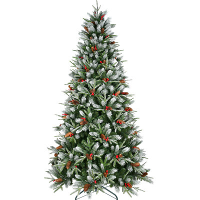 7ft Christmas Tree Boasting 2178 Tips, Charming Red Berries, Naturally - Formed Model Pine , Snow Appearance Pe+ Branches, Simple Hinged Setup, Reliable Metal Rods For Decor Containing Lively Natural