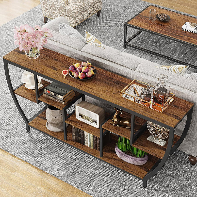 Console industrielle 70,9 po avec tablettes de rangement à 7 niveaux, table d'entrée très longue pour le salon, le couloir ou le vestibule - table d'appoint à structure métallique