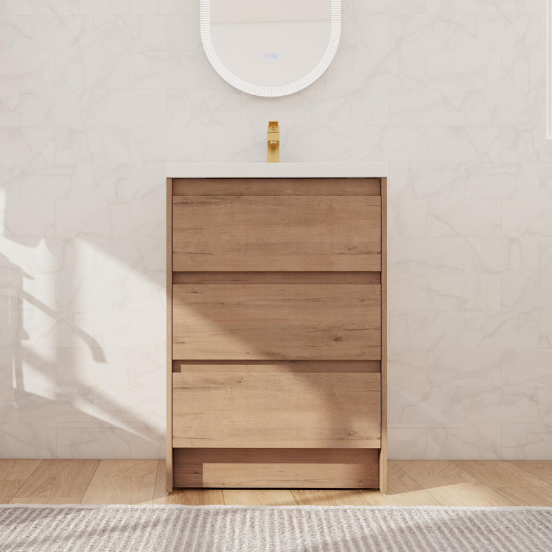 24'' Freestanding Bathroom Vanity With Resin Sink, Floor Standing Bathroom Vanity Set With 3 Soft Close Drawers