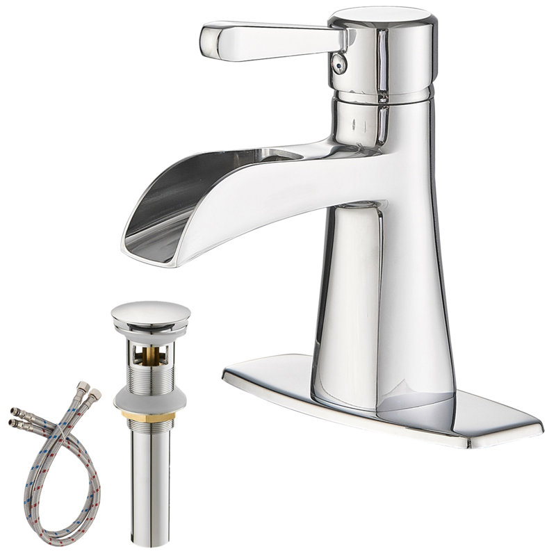 Robinet de salle de bain poli à poignée simple avec bec cascade et bonde