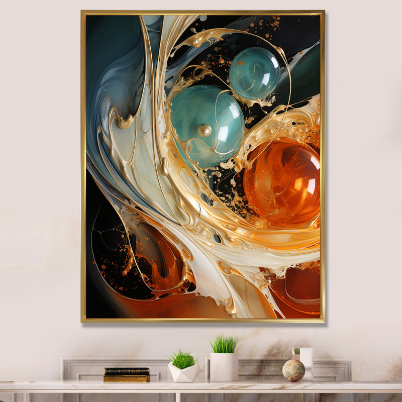 Orange encre tempête V - art mural abstrait, H 32 po x l 16 po x P 1 po, Cadre flottant doré