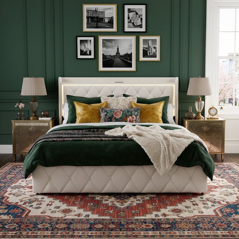 European Double & King Velvet Ottoman Bed With LED Storage Headboard, Frame With Charging Port, Beige