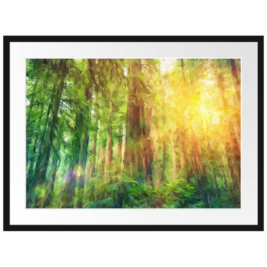 Gerahmtes Papierbild Wald bei Sonnenlicht