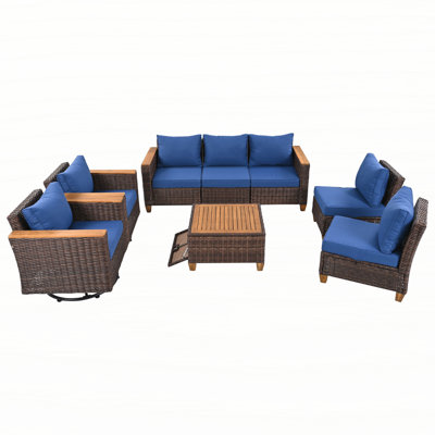 8-Piece Wicker Outdoor Patio Furniture Set with Thick Cushion, Rattan Patio Swivel Rocking Chairs Set of 2 with Acacia Storage Table , Wicker Conversation Set for Outdoor Couch, Backyard, 