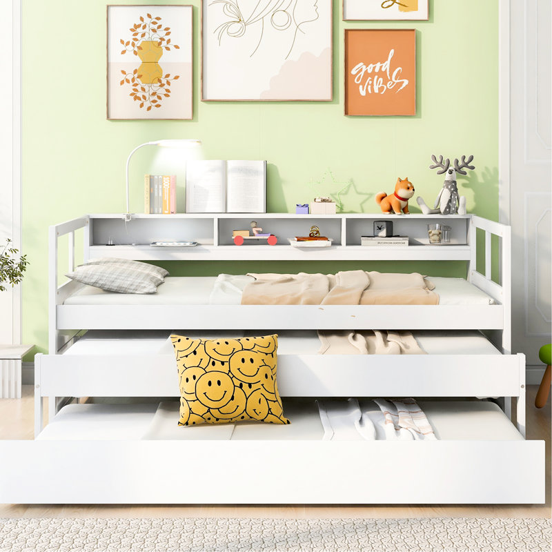White Twin Xl Daybed With 2 Trundles, 3 Storage , & , Solid Wood Frame, Space Efficient In White, Charging Strong Build, Saving