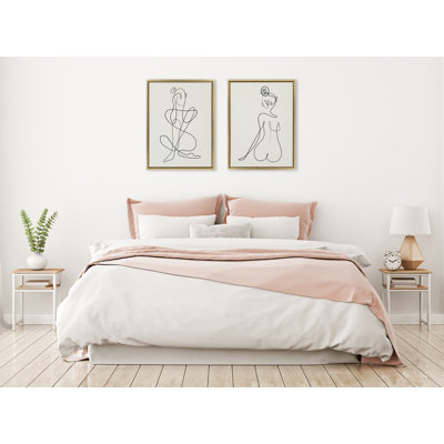 Thinking of You Line Art Black and White and Sitting Beauty Black and White by Rachel Lee 3 Birdies Studio Framed Canvas Wall Art Set