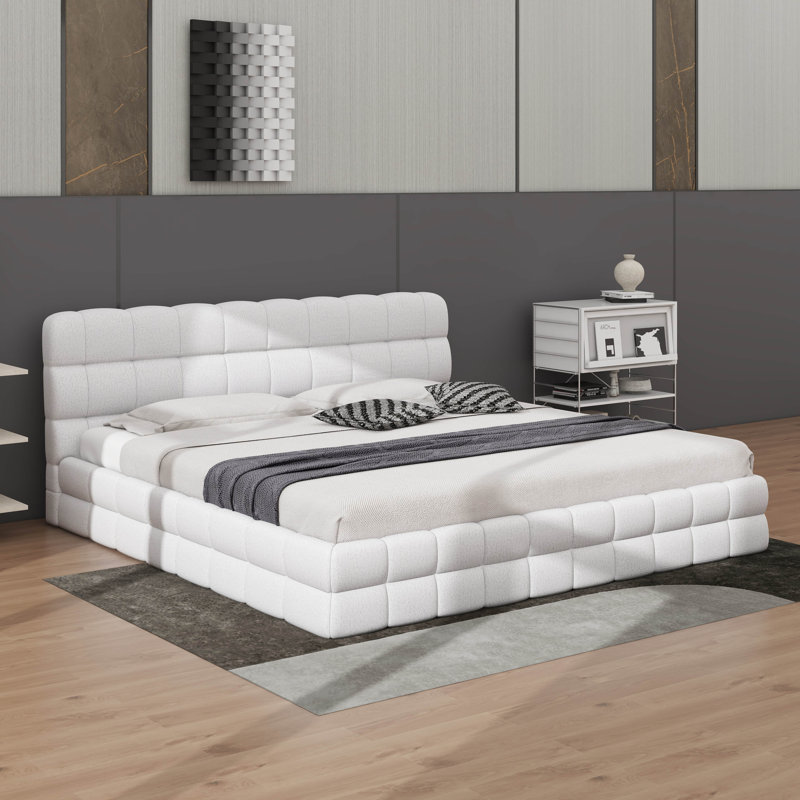 Lit tapissier avec tête de lit, lit plateforme avec pieds de support, base de lit en molleton berbère, Blanc