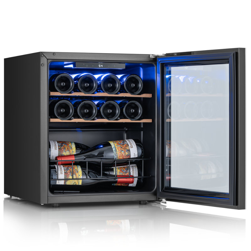 Cave à vin Ca'Lefort de 43 cm de large, 14 bouteilles, pose libre, avec porte vitrée réversible à double vitrage, deux étagères réglables et éclairage intérieur tricolore.