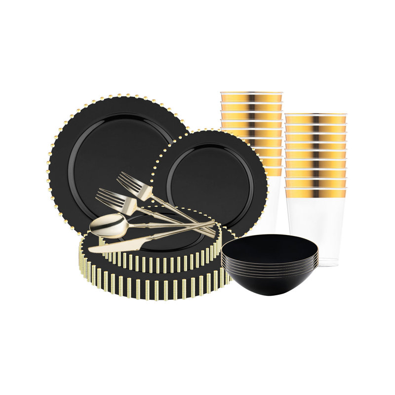 Service de table rond jetable en plastique noir avec cordon de perles dorées - 120 couverts