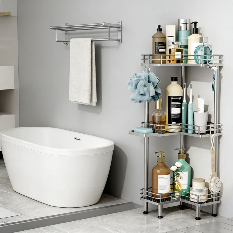 Serviteur de douche debout en coin - Organisateur de tablettes de douche antirouille à 3 niveaux avec porte-savon et 4 crochets pour le rangement de la salle de bain