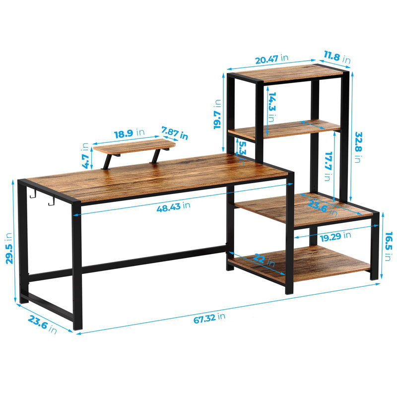 67 inch Computer Desk with Storage Printer Shelf, Brun / Noir