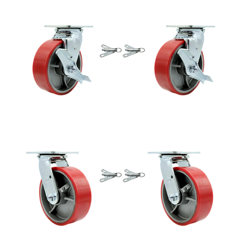6 Inch  Poly on Steel Caster Set with Roller Bearings 4 Swivel Lock 2 Brake/SCC-30CS620-PUR-RS-TLB-BSL-2-BSL-2