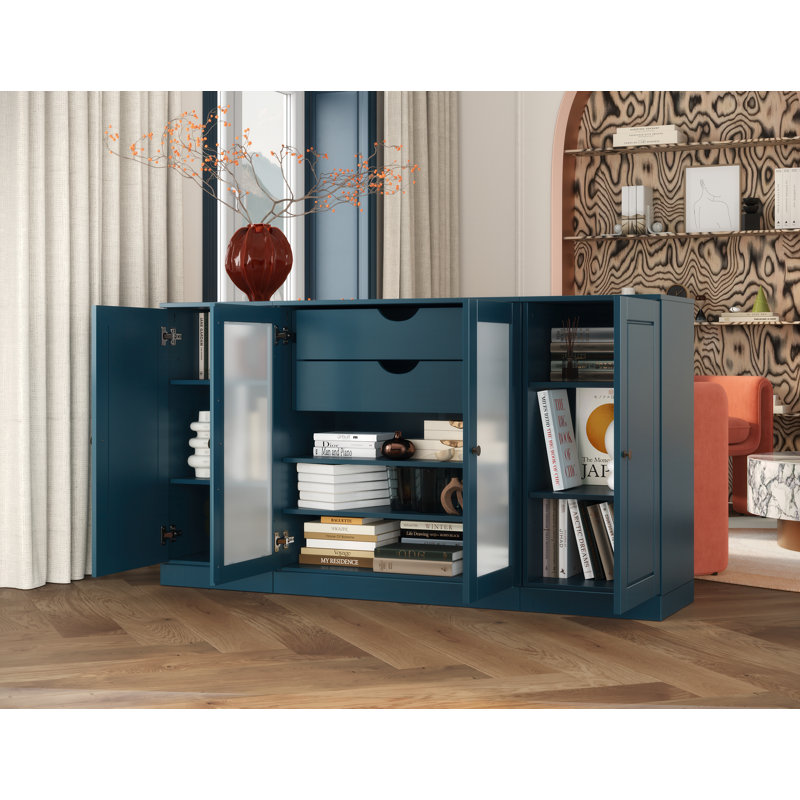 Buffet 100% bois massif 65 po avec portes en verre massif givré, 2 tiroirs et tablettes réglables, Bleu sarcelle