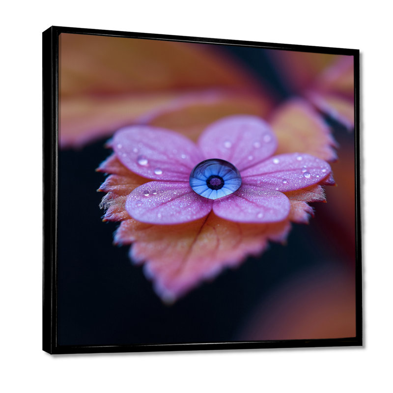 Macro rosée goutte pivoine rose - art mural floral moderne, Cadre flottant noir, bois massif, H 16 po x l 16 po