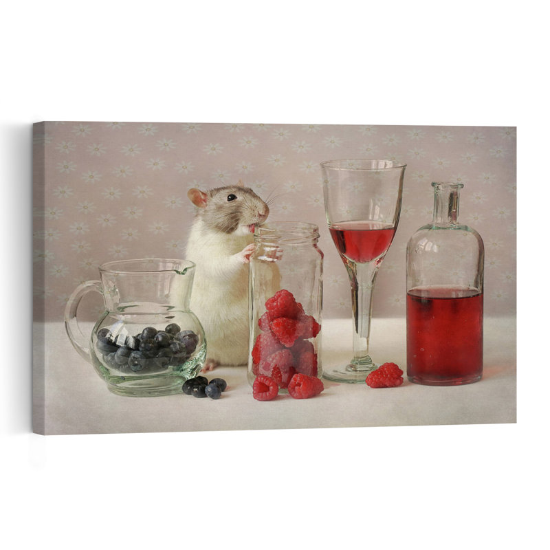 Curious Rat And Berries Playful Whimsical Contemporary Animal Fruit Wall Art Print - Print, 60.96cm H x 91.44cm W