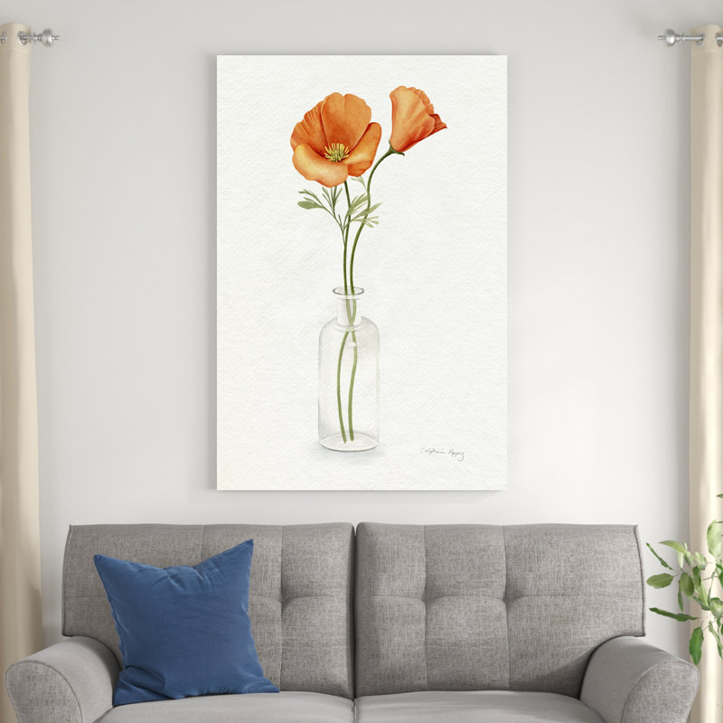 California Poppy Vase II - peinture sur toile tendue, H 48 po x l 32 po x P 1,25 po