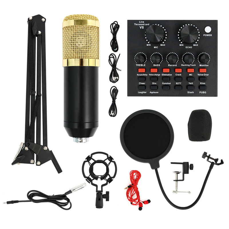 Microphone pour ensemble de matériel de balado et équipement d'enregistrement studio, microphone V8 pour ordinateur, ensemble de microphone avec carte son, noir