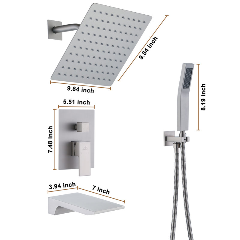 10 Inch 3-Function Rainfall Shower System with Tilt Shower Head and Waterfall Tub Spout, Brushed Nickel