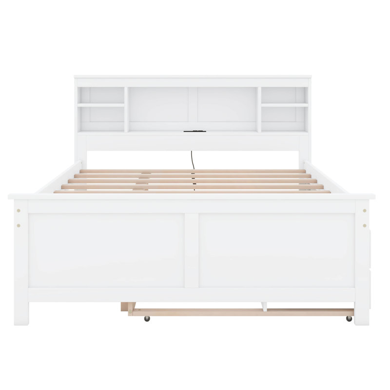Lit plateforme Nyliah avec tête de rangement, USB, lit gigogne et 3 tiroirs, Double, Blanc