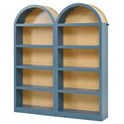 Freestanding Tall Bookshelves Set of 2, Farmhouse Two-Tone Open Storage Cabinet with Fabric Arched Top, 5-Tier Display Bookcase for Living Room, Bedroom, Home Office, Blue+Natural