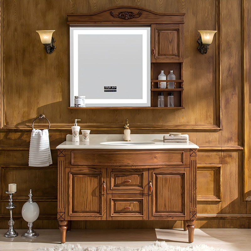 Ensemble de meuble-lavabo sur pied 43,31 po en bois massif chêne naturel avec miroir, 43"