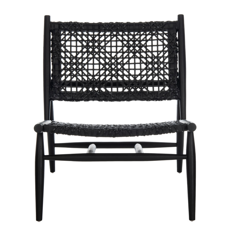 Chaise d'appoint à dossier tissé Kazbah, Cuir véritable noir / pieds noirs