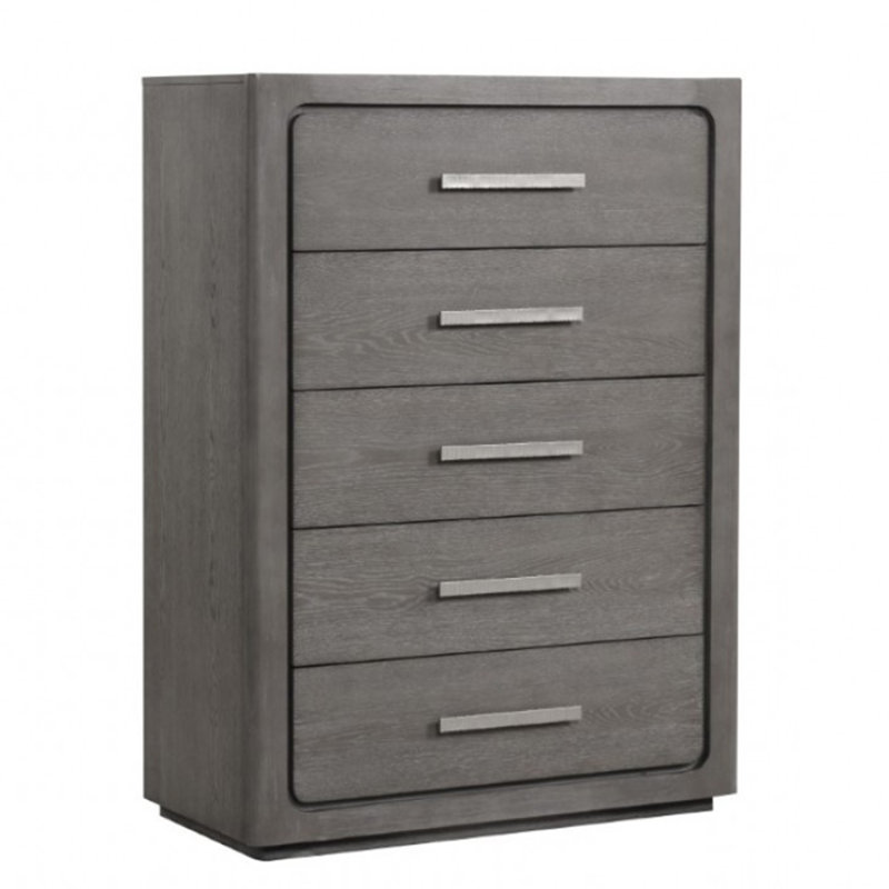 Grande commode à 5 tiroirs Thorne, rangement vertical en bois massif gris chaud