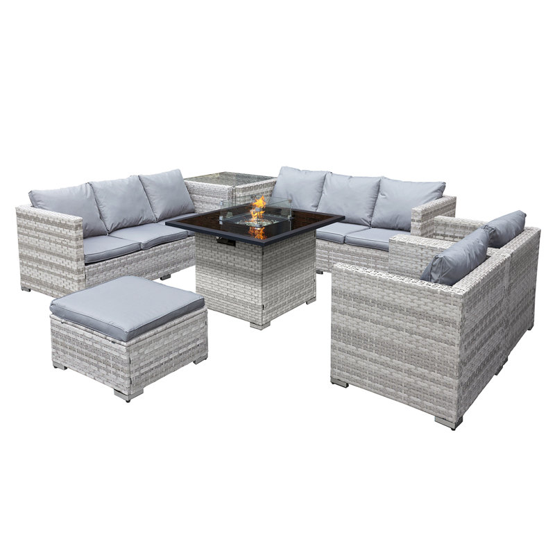 Malta XS Rattan 9 Seat U-Shape Firepit Set in Dove Grey