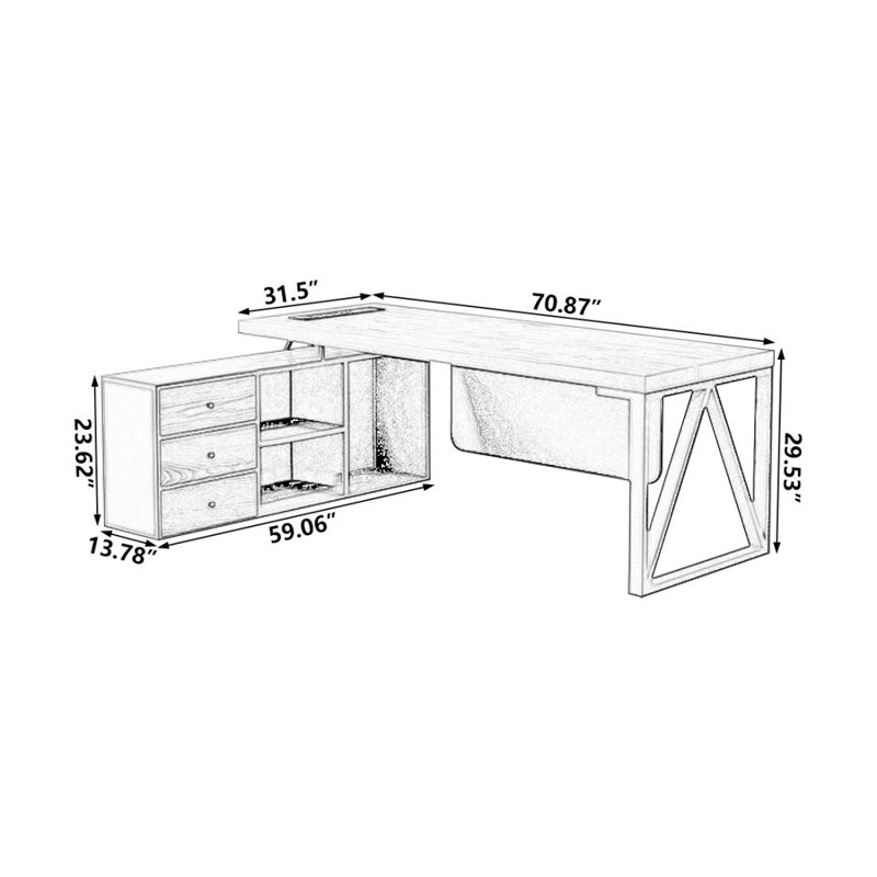 Bureau de direction en L en bois massif brun avec tiroirs, H 29,53 po x l 70,87 po x P 59,06 po, Retour à gauche
