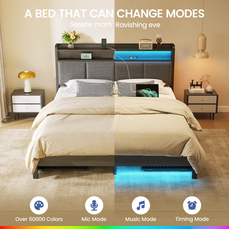 Bed with Headboard and Power Outlets, Upholstered bed with 4 Drawers and RGB LED Lights, Gray, Full/Double