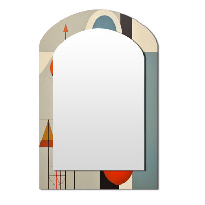 Serendipity Abstract Mid-Century Geometrics I - Midcentury Modern Arch Decorative Mirror, Blue Asymmetrical Wall Mirror, Printed Metal Art
