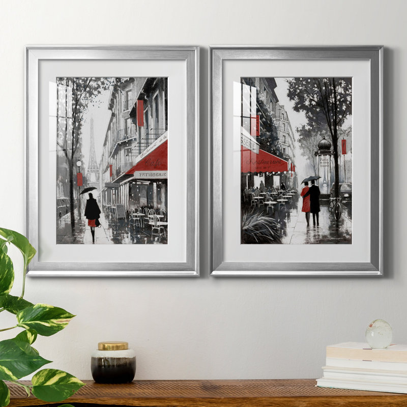 «Rainy Paris I», ensemble de 2 reproductions d'art, H 22,5 po x l 61 po x P 1,5 po, Papier avec cadre argenté, Blanc
