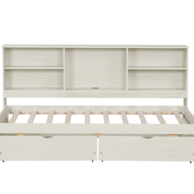 Twin Size Daybed with Side Bookshelves, 2 Storage Drawers & Built-in USB Port – Creamy White Space-Saving Bedroom Furniture