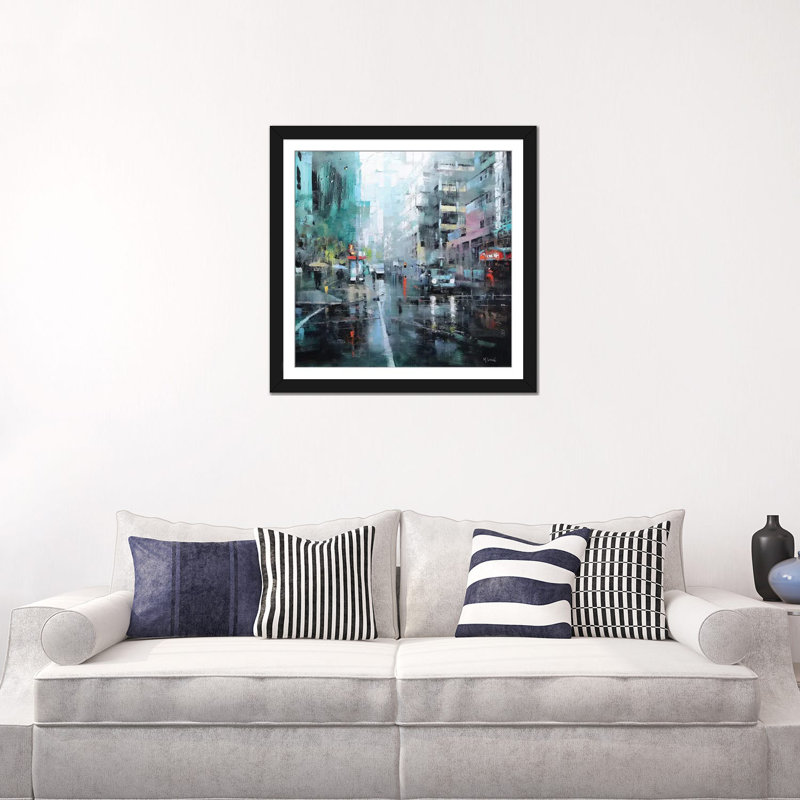 « montréal turquoise pluie », impression sur toile, Blanc, Papier d'art encadré noir, H 24 po x l 24 po x P 1 po