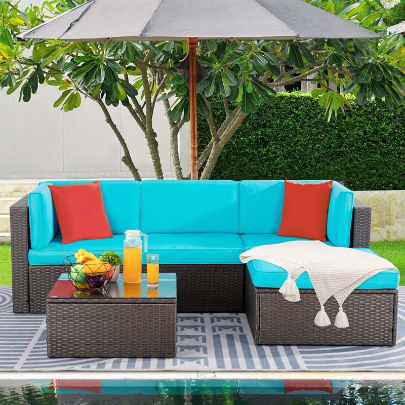 Ensemble modulaire de patio 5 pièces - Osier toutes saisons avec table en verre, Bleu