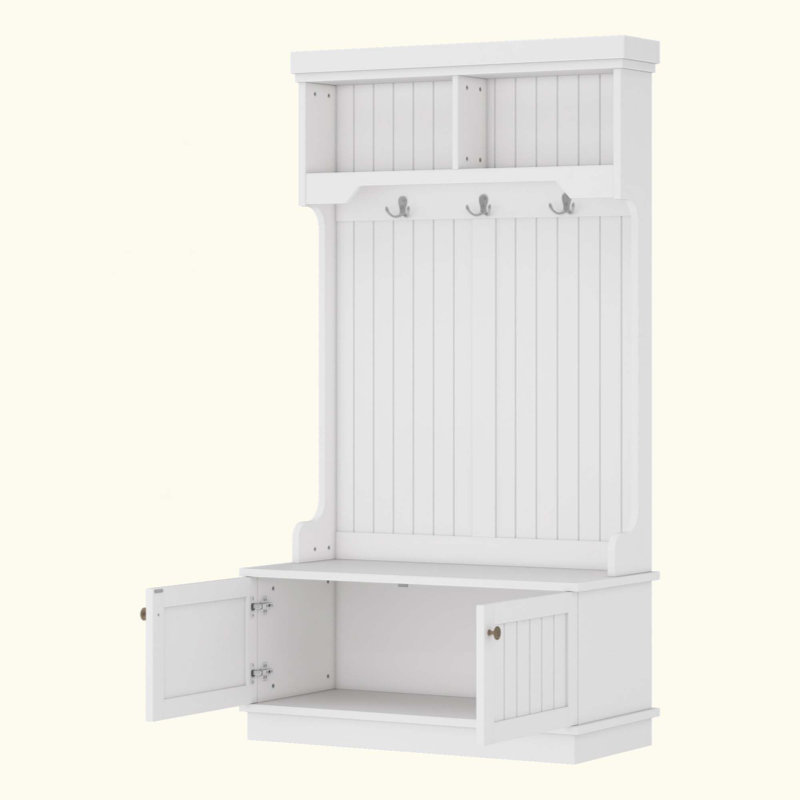 Hall Tree With Storage Shoe Bench For Entryway And Hallway, 4-In-1 Design Coat Racks With Hooks For Living Room, White