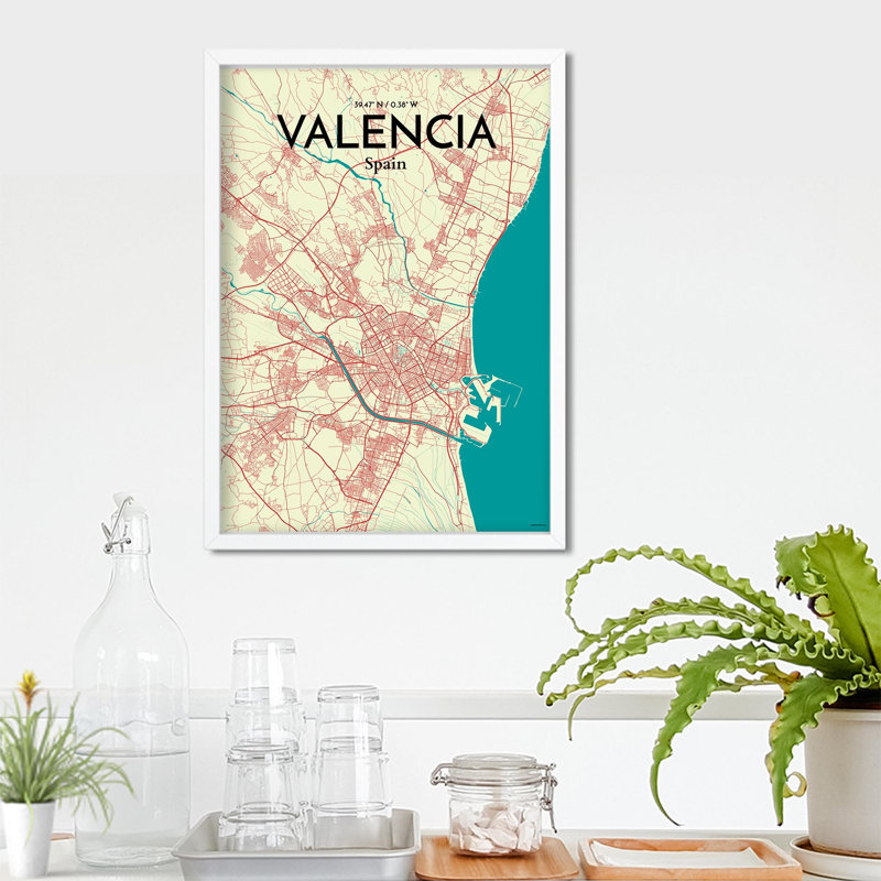 Valencia, carte de la ville, impression, H 27,6 po x l 19,7 po, Vert / beige