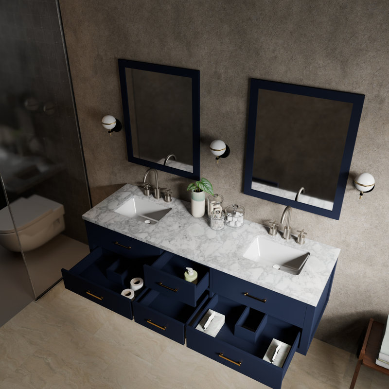 Castor 72" Wall-Mounted Double Bathroom Vanity Set, Blue, White Carrara Marble